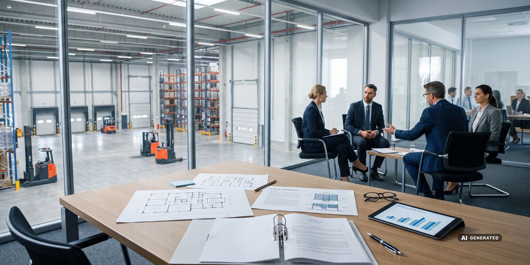 Mietvertrags-Prüfung im Mezzanin-Büro einer modernen Logistikhalle in NRW. Symbolisiert Triple-Net-Verträge und Hallenmiete für Kontraktlogistik.